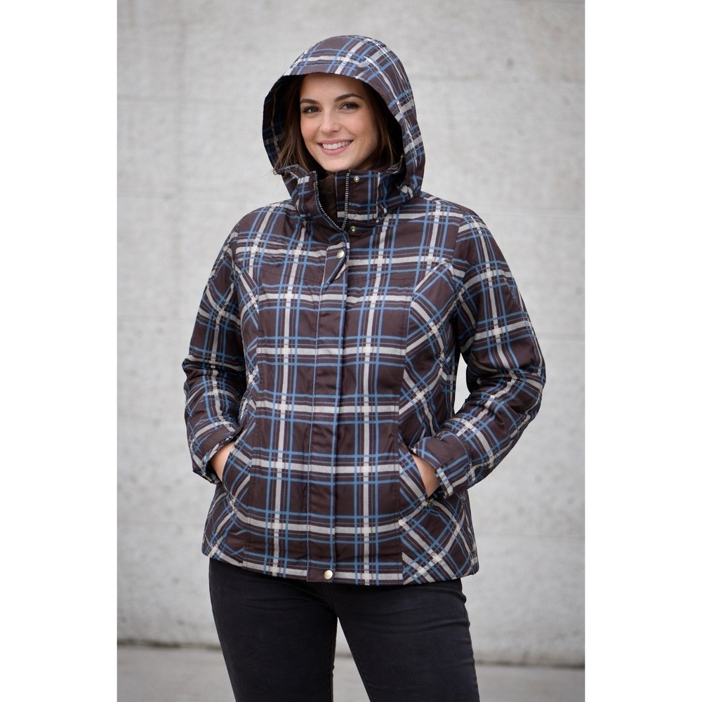 Faded Glory Womens Plaid Hooded Winter Jacket Brown Blue Fleece Lined M 8-10